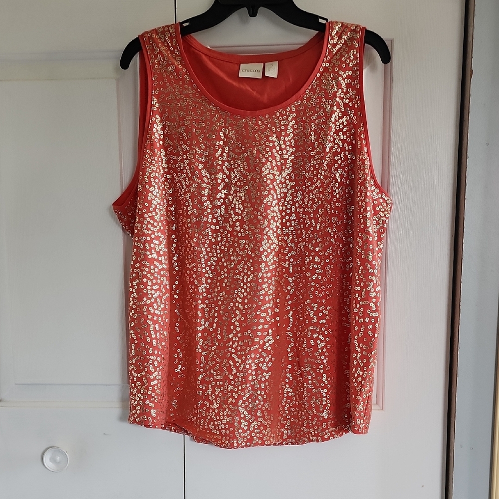 Chico's Sequin Sleeveless Tank Top in Orange and Pink
